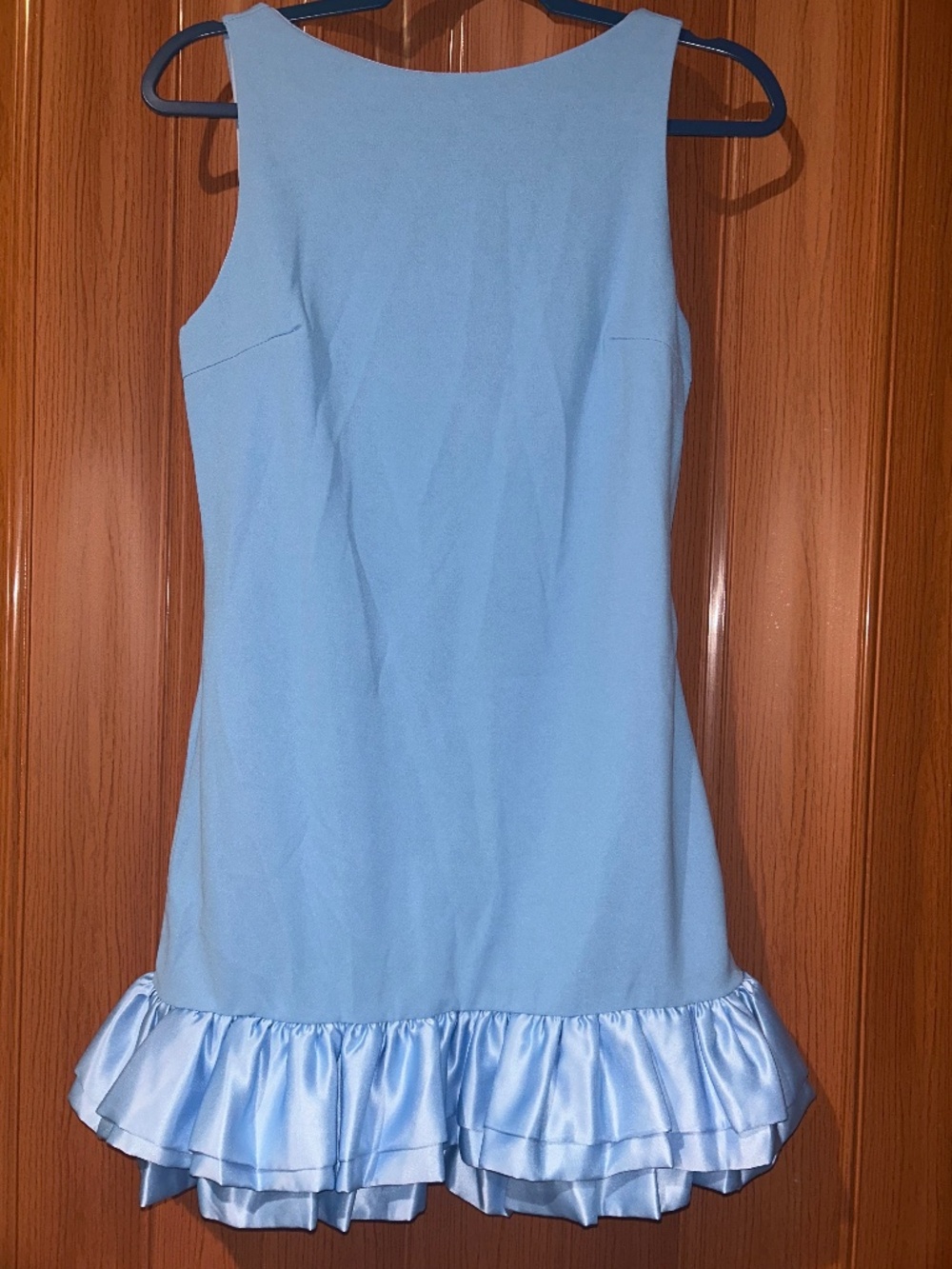 Baby Blue Ruffle Mini Dress – Sleeveless Satin Hem